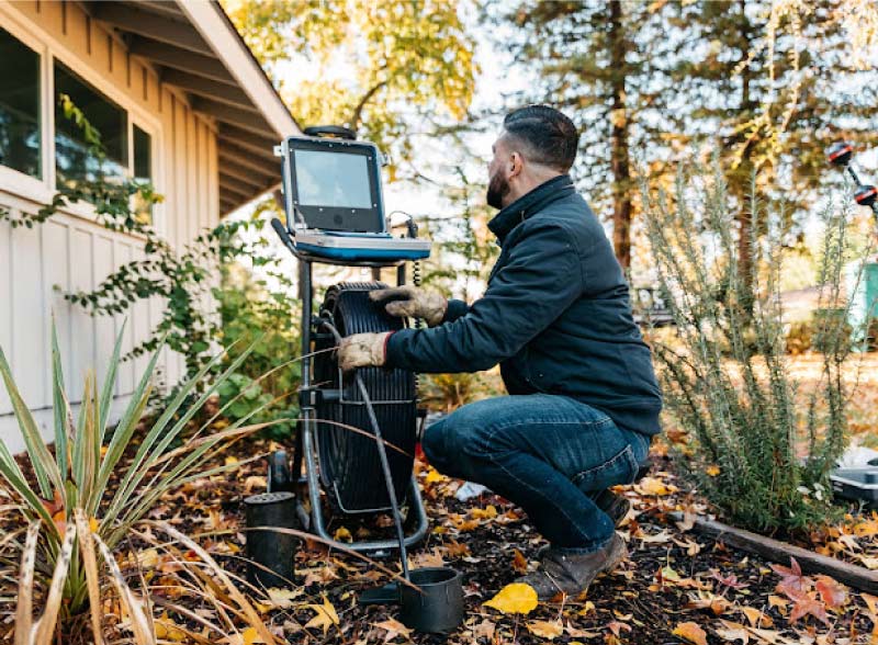 plumber in reedley ca, inspecting pipes with advanced equipment to quickly identify and repair leaks in pipes, faucets, toilets, and water heater